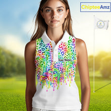 Load image into Gallery viewer, Womens Sleeveless Golf Polo Shirts Colorful Neon Watercolor Leopard Custom Name White Golf Shirts NBT509