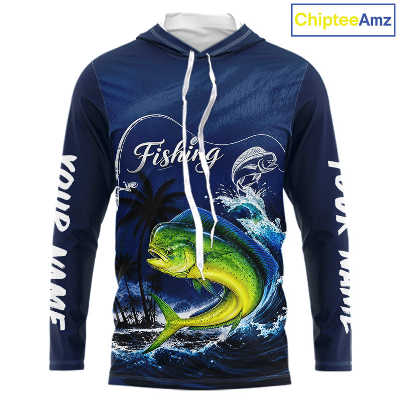 Front view Mahi Mahi Fishing Custom performance long sleeve hooded fishing shirt, custom Mahi Mahi fishing shirt with UPF protection