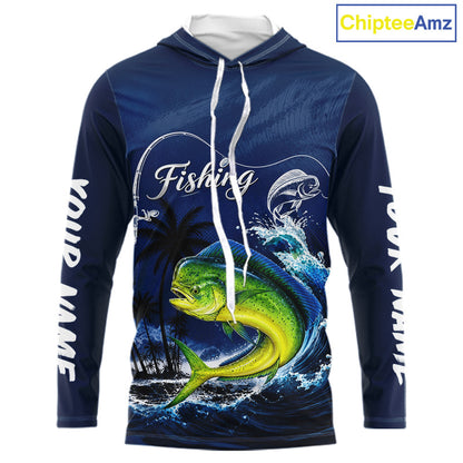 Front view Mahi Mahi Fishing Custom performance long sleeve hooded fishing shirt, custom Mahi Mahi fishing shirt with UPF protection