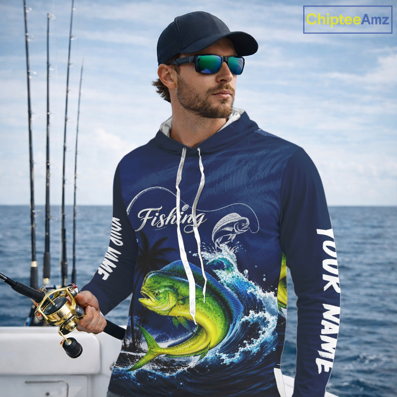 Angler wearing Mahi Mahi Fishing Custom performance long sleeve  hooded fishing shirt on the boat