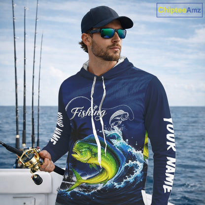 Angler wearing Mahi Mahi Fishing Custom performance long sleeve  hooded fishing shirt on the boat