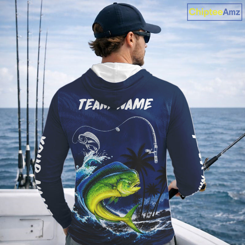 Angler wearing Mahi Mahi Fishing Custom performance long sleeve  hooded fishing shirt on the boat