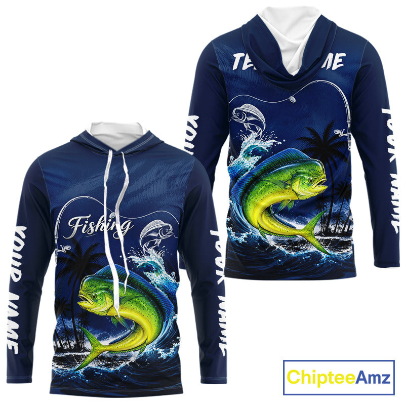 Front and back view Mahi Mahi Fishing Custom performance long sleeve hooded fishing shirt, custom Mahi Mahi fishing shirt with UPF protection