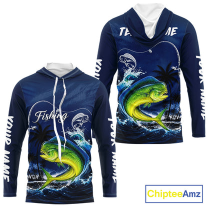 Front and back view Mahi Mahi Fishing Custom performance long sleeve hooded fishing shirt, custom Mahi Mahi fishing shirt with UPF protection