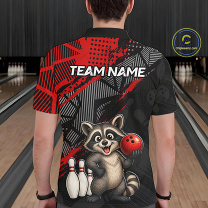 man bowler wearing custom red funny raccoon bowling team polo shirt on the lanes