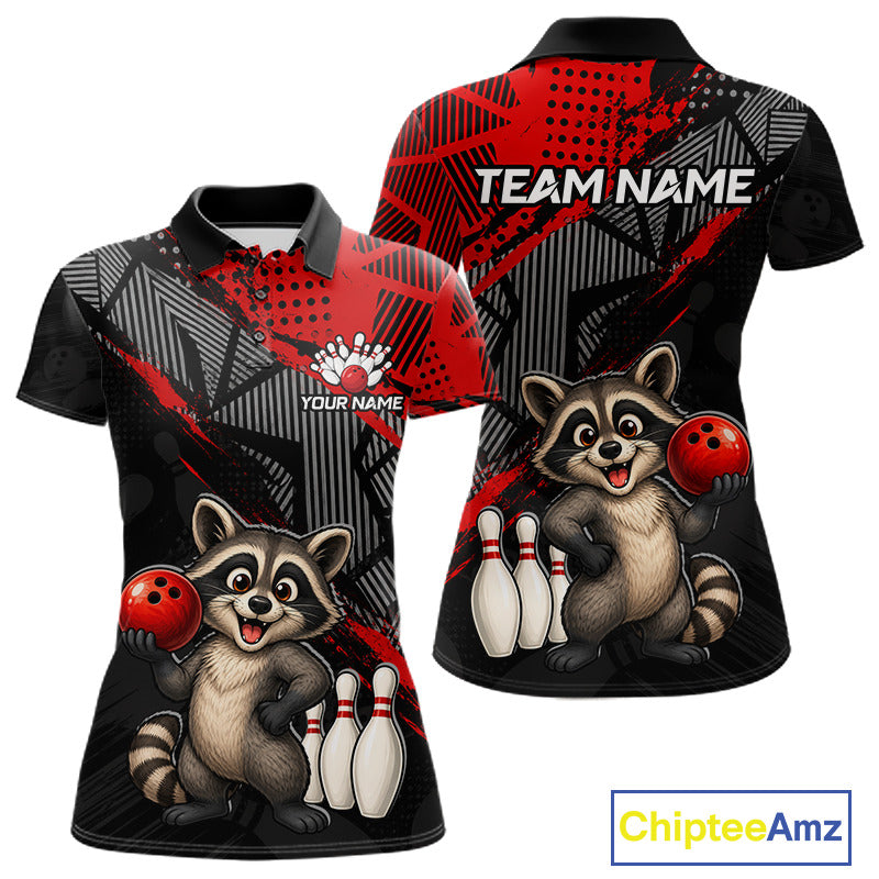 Front and back view of custom red funny raccoon women’s bowling team polo shirt
