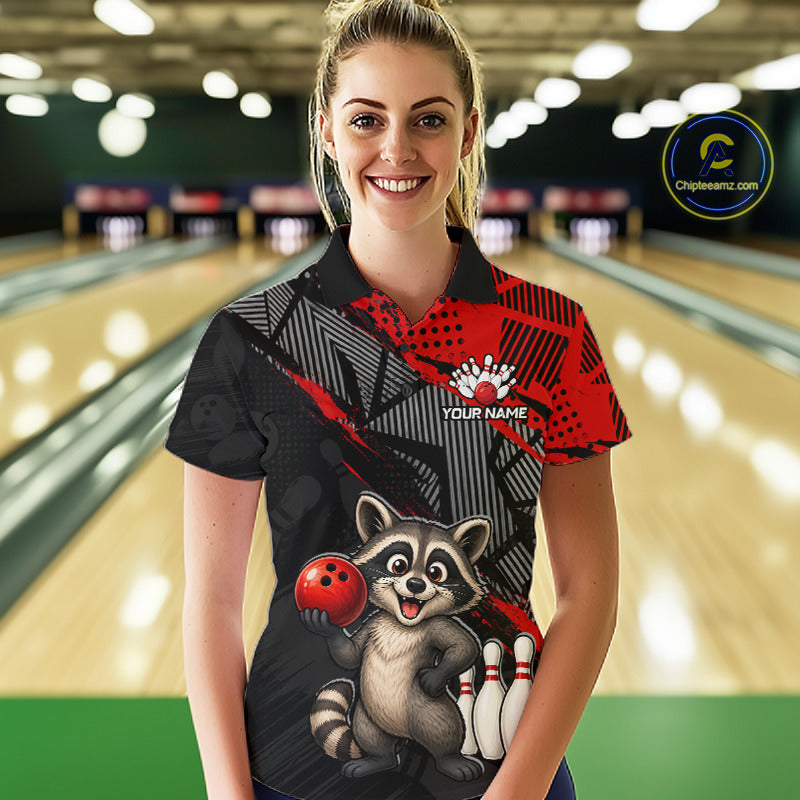 Woman bowler wearing custom red funny raccoon bowling team polo shirt on the lanes