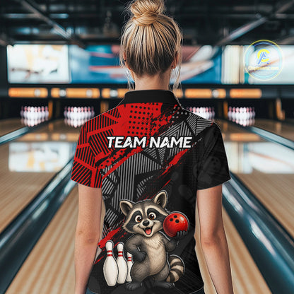 Woman bowler wearing custom red funny raccoon bowling team polo shirt on the lanes