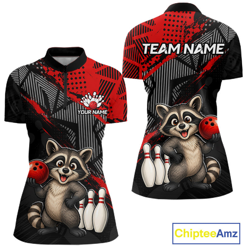 Front and back view of custom red funny raccoon bowling quarter-zip shirt for women