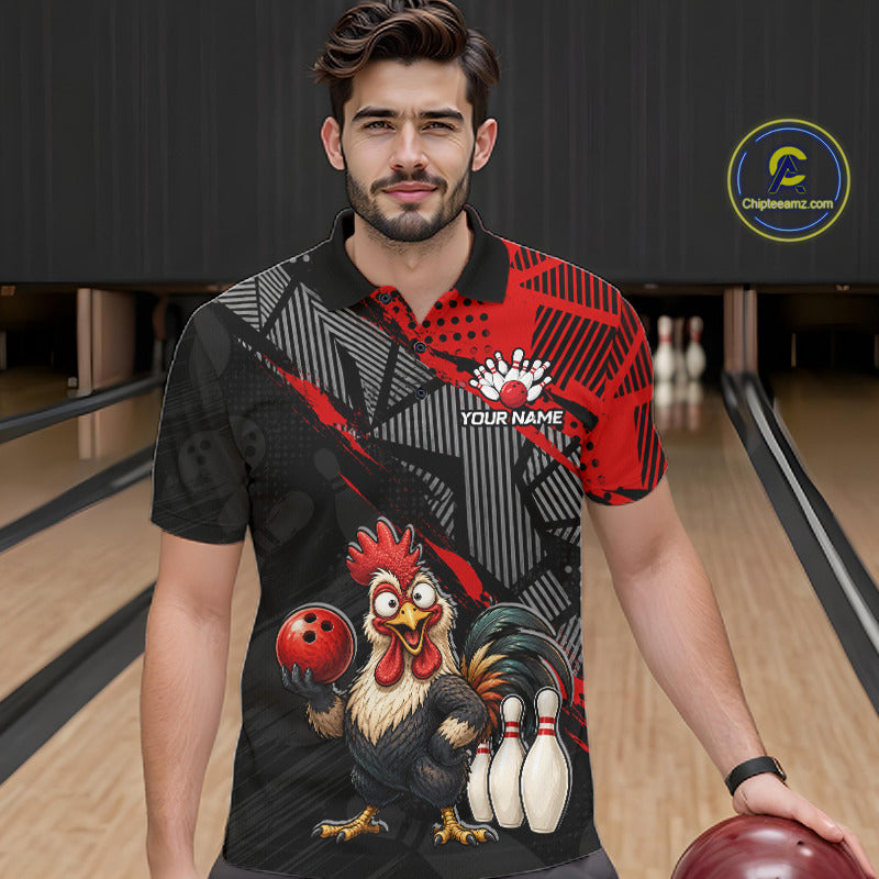 man bowler wearing custom red funny rooster bowling team polo shirt on the lanes