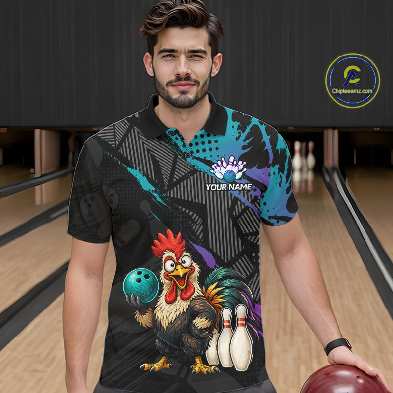 Custom Neon Blue Purple Funny Rooster Bowling Men Polo & 1/4 Quarter Zip Shirt, Bowling Team NBT932