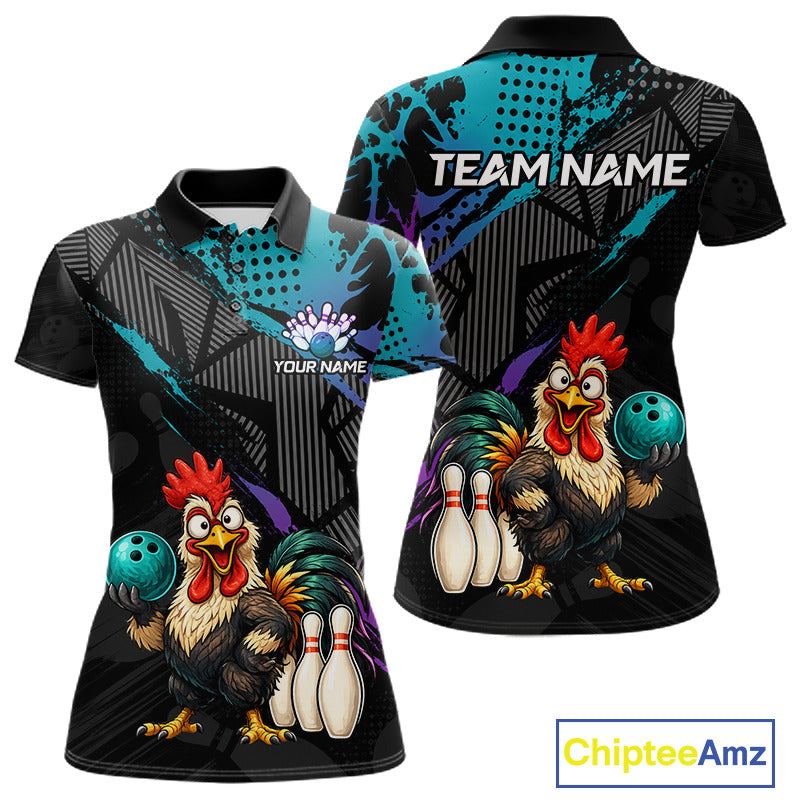 Custom Neon Blue Purple Funny Rooster Bowling Women Polo & 1/4 Quarter Zip Shirt, Bowling Team NBT932