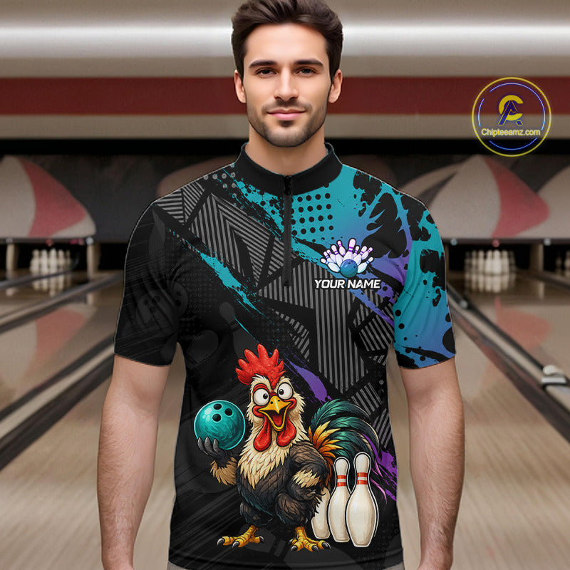 Custom Neon Blue Purple Funny Rooster Bowling Men Polo & 1/4 Quarter Zip Shirt, Bowling Team NBT932