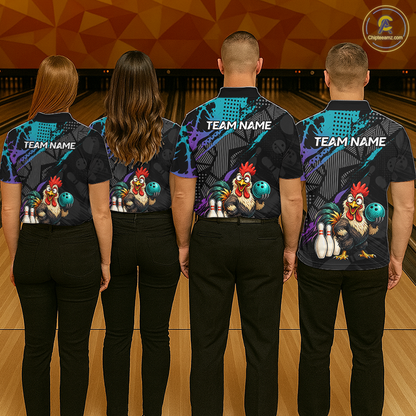Custom Neon Blue Purple Funny Rooster Bowling Men Polo & 1/4 Quarter Zip Shirt, Bowling Team NBT932