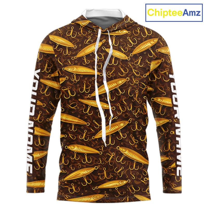 Custom Fishing Lure Yellow Long Sleeve Hooded Fishing Shirts For Men Custom Name, Mens Fishing Outfit NBT388