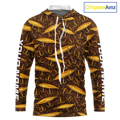 Custom Fishing Lure Yellow Long Sleeve Hooded Fishing Shirts For Men Custom Name, Mens Fishing Outfit NBT388