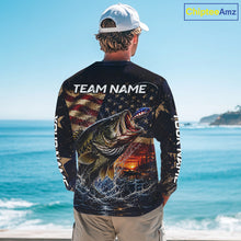 Load image into Gallery viewer, Man on a boat wearing a long sleeve fishing shirt American flag with custom team name