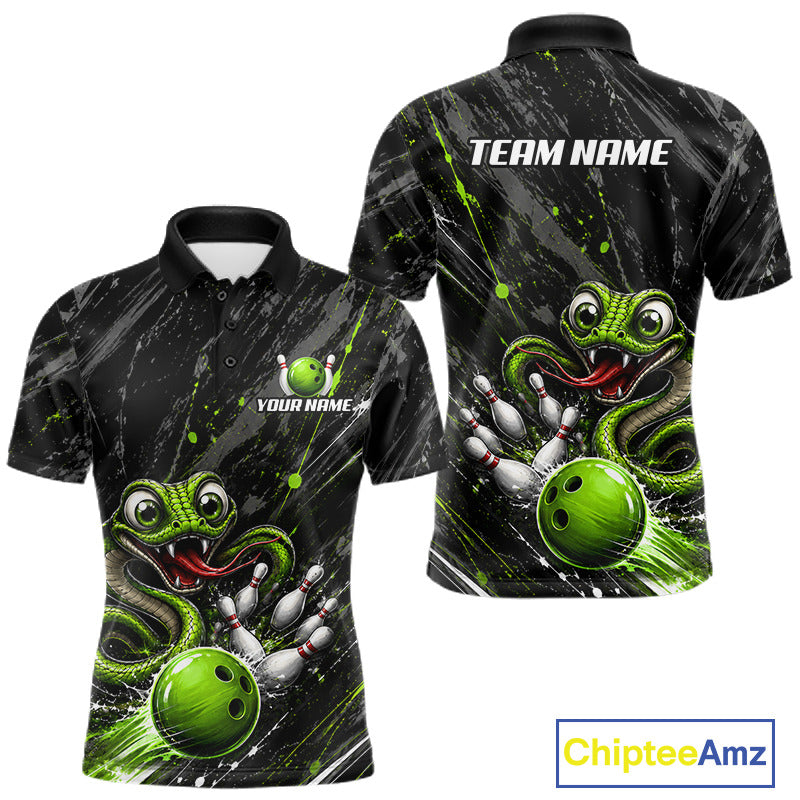 Custom Black And Green Snake Bowling Men Polo & 1/4 Quarter Zip Shirt, Bowling Team Tournament Jerseys NBT935