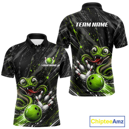 Custom Black And Green Snake Bowling Men Polo & 1/4 Quarter Zip Shirt, Bowling Team Tournament Jerseys NBT935