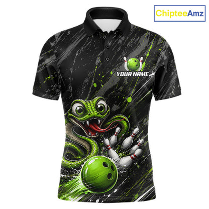 Custom Black And Green Snake Bowling Men Polo & 1/4 Quarter Zip Shirt, Bowling Team Tournament Jerseys NBT935
