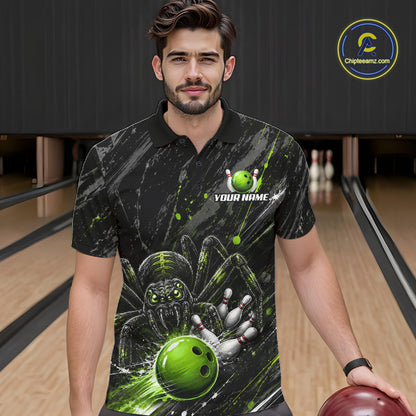 Custom Black And Green Spider Bowling Men Polo & 1/4 Quarter Zip Shirt, Bowling Team Tournament Jerseys NBT936