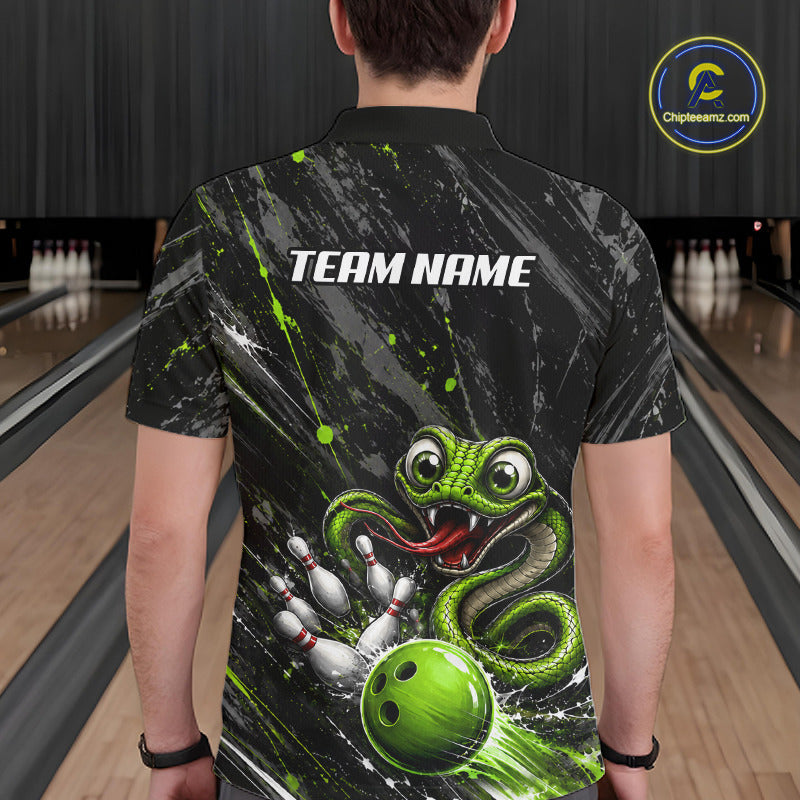 Custom Black And Green Snake Bowling Men Polo & 1/4 Quarter Zip Shirt, Bowling Team Tournament Jerseys NBT935