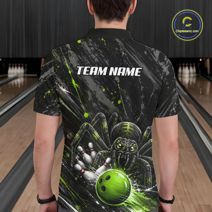 Custom Black And Green Spider Bowling Men Polo & 1/4 Quarter Zip Shirt, Bowling Team Tournament Jerseys NBT936
