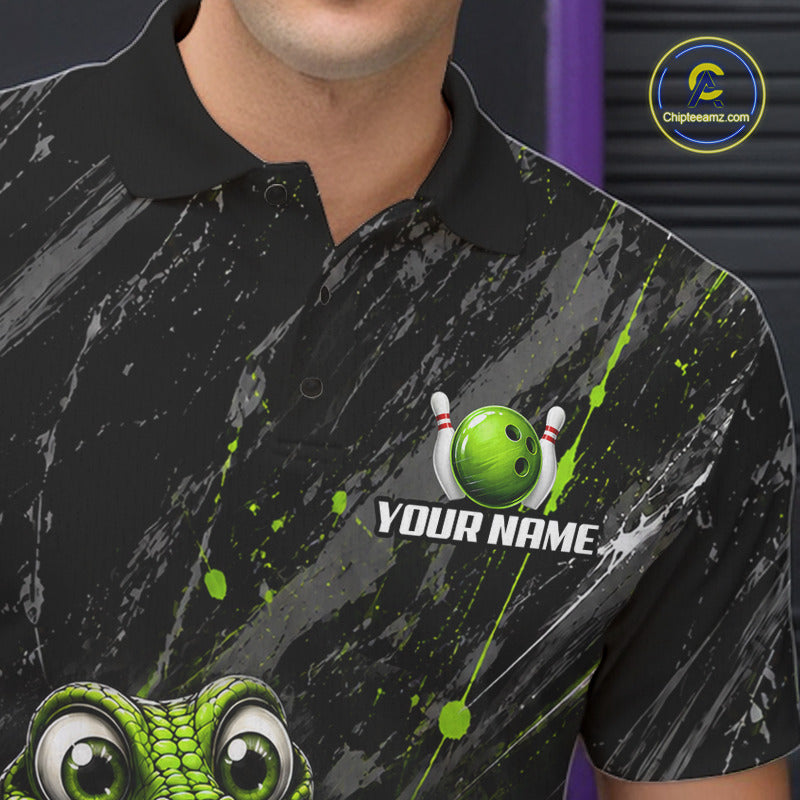 Custom Black And Green Snake Bowling Men Polo & 1/4 Quarter Zip Shirt, Bowling Team Tournament Jerseys NBT935