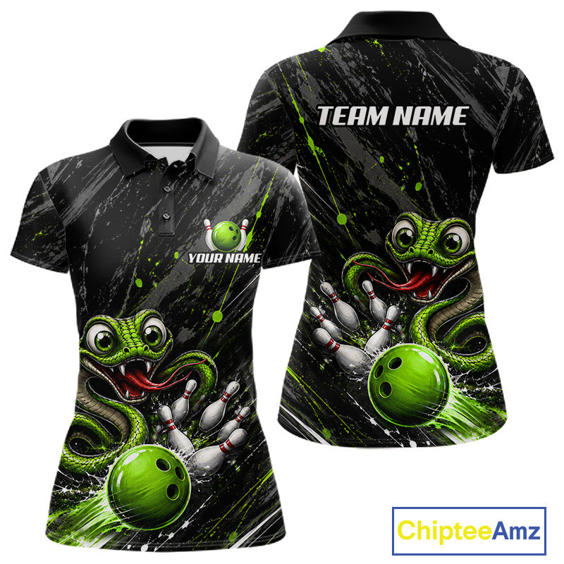 Custom Black And Green Snake Bowling Women Polo & 1/4 Quarter Zip Shirt, Bowling Team Tournament Jerseys NBT935