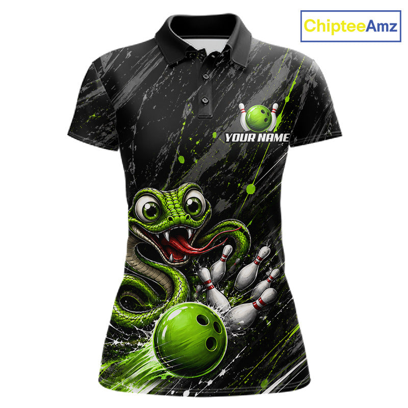 Custom Black And Green Snake Bowling Women Polo & 1/4 Quarter Zip Shirt, Bowling Team Tournament Jerseys NBT935