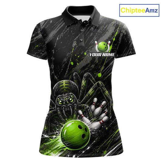 Custom Black And Green Spider Bowling Women Polo & 1/4 Quarter Zip Shirt, Bowling Team Tournament Jerseys NBT936