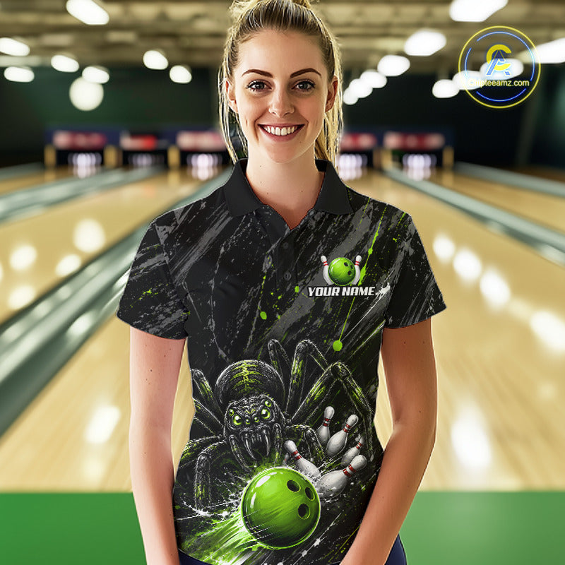 Custom Black And Green Spider Bowling Women Polo & 1/4 Quarter Zip Shirt, Bowling Team Tournament Jerseys NBT936