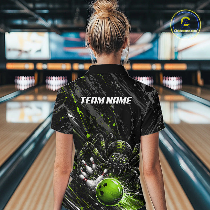 Custom Black And Green Spider Bowling Women Polo & 1/4 Quarter Zip Shirt, Bowling Team Tournament Jerseys NBT936