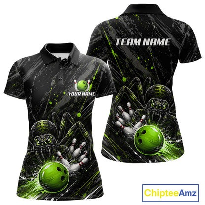 Custom Black And Green Spider Bowling Women Polo & 1/4 Quarter Zip Shirt, Bowling Team Tournament Jerseys NBT936
