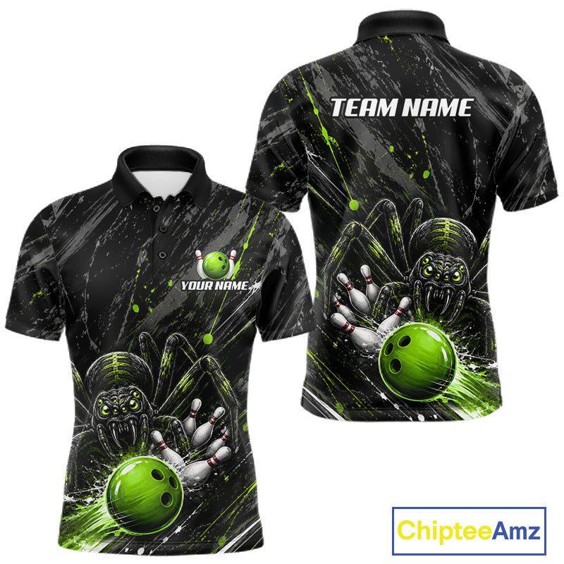 Custom Black And Green Spider Bowling Men Polo & 1/4 Quarter Zip Shirt, Bowling Team Tournament Jerseys NBT936