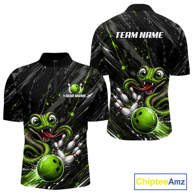 Custom Black And Green Snake Bowling Men Polo & 1/4 Quarter Zip Shirt, Bowling Team Tournament Jerseys NBT935