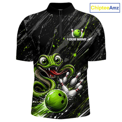 Custom Black And Green Snake Bowling Men Polo & 1/4 Quarter Zip Shirt, Bowling Team Tournament Jerseys NBT935
