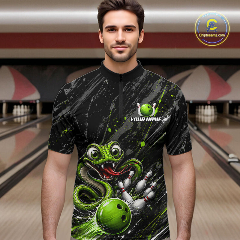 Custom Black And Green Snake Bowling Men Polo & 1/4 Quarter Zip Shirt, Bowling Team Tournament Jerseys NBT935