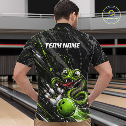 Custom Black And Green Snake Bowling Men Polo & 1/4 Quarter Zip Shirt, Bowling Team Tournament Jerseys NBT935