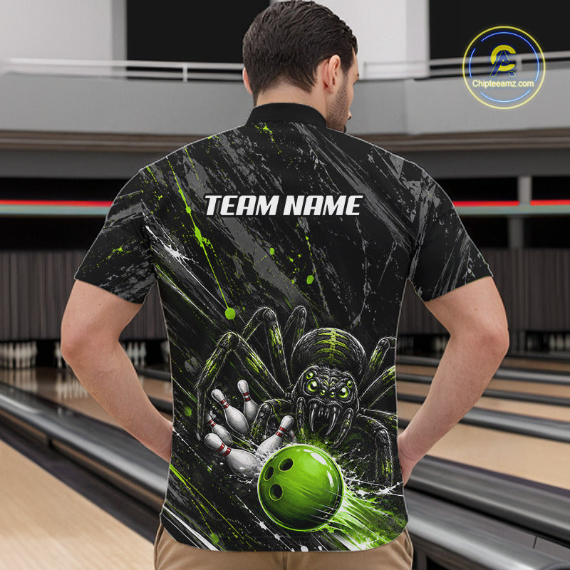 Custom Black And Green Spider Bowling Men Polo & 1/4 Quarter Zip Shirt, Bowling Team Tournament Jerseys NBT936