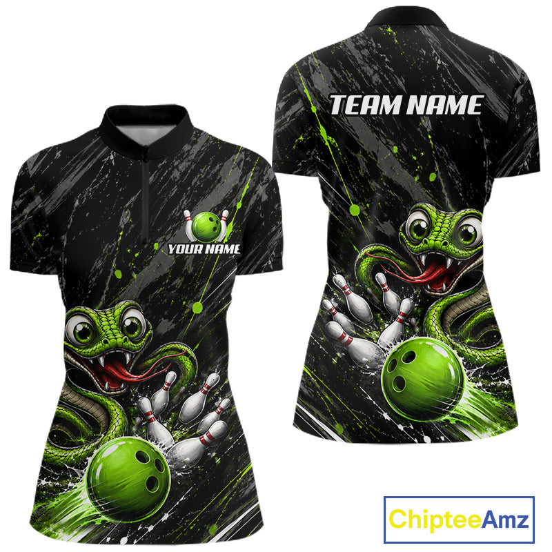 Custom Black And Green Snake Bowling Women Polo & 1/4 Quarter Zip Shirt, Bowling Team Tournament Jerseys NBT935