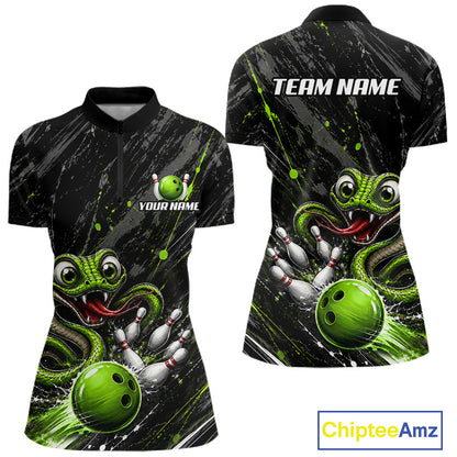 Custom Black And Green Snake Bowling Women Polo & 1/4 Quarter Zip Shirt, Bowling Team Tournament Jerseys NBT935