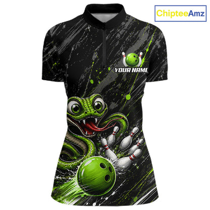 Custom Black And Green Snake Bowling Women Polo & 1/4 Quarter Zip Shirt, Bowling Team Tournament Jerseys NBT935