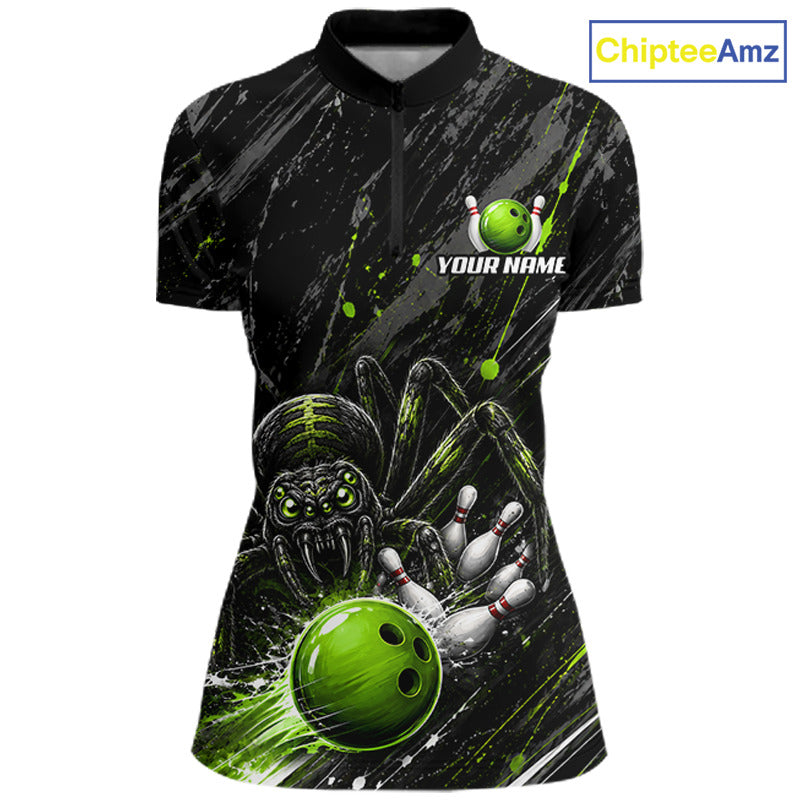Custom Black And Green Spider Bowling Women Polo & 1/4 Quarter Zip Shirt, Bowling Team Tournament Jerseys NBT936