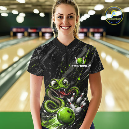 Custom Black And Green Snake Bowling Women Polo & 1/4 Quarter Zip Shirt, Bowling Team Tournament Jerseys NBT935