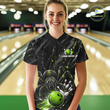 Custom Black And Green Spider Bowling Women Polo & 1/4 Quarter Zip Shirt, Bowling Team Tournament Jerseys NBT936