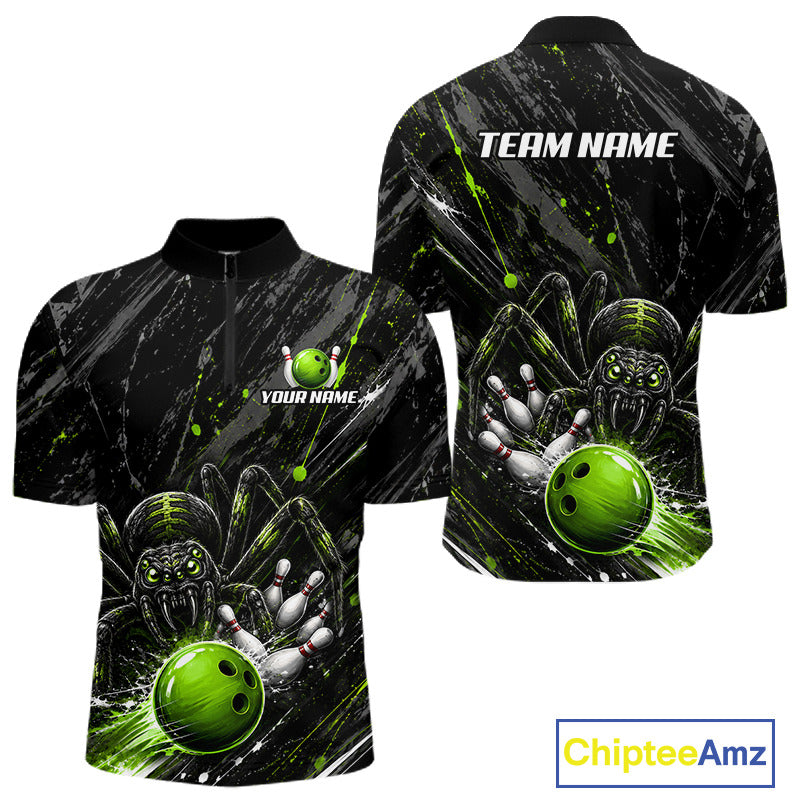 Custom Black And Green Spider Bowling Men Polo & 1/4 Quarter Zip Shirt, Bowling Team Tournament Jerseys NBT936
