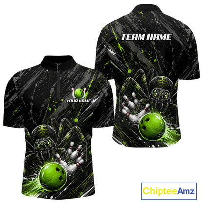 Custom Black And Green Spider Bowling Men Polo & 1/4 Quarter Zip Shirt, Bowling Team Tournament Jerseys NBT936