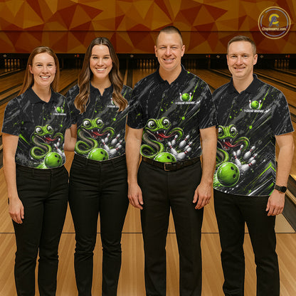Custom Black And Green Snake Bowling Men Polo & 1/4 Quarter Zip Shirt, Bowling Team Tournament Jerseys NBT935