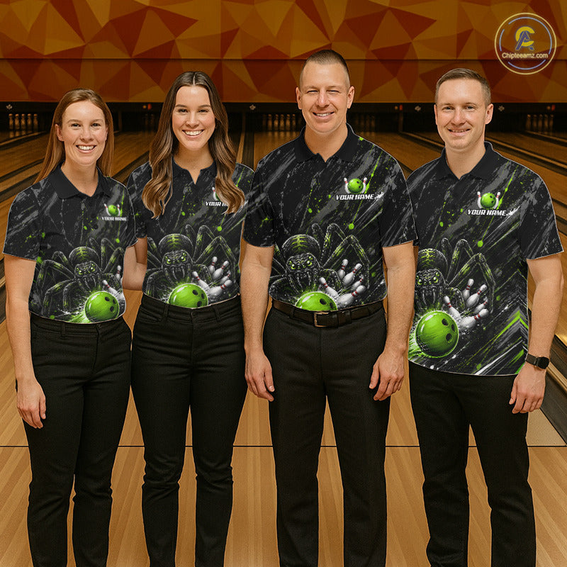 Custom Black And Green Spider Bowling Women Polo & 1/4 Quarter Zip Shirt, Bowling Team Tournament Jerseys NBT936